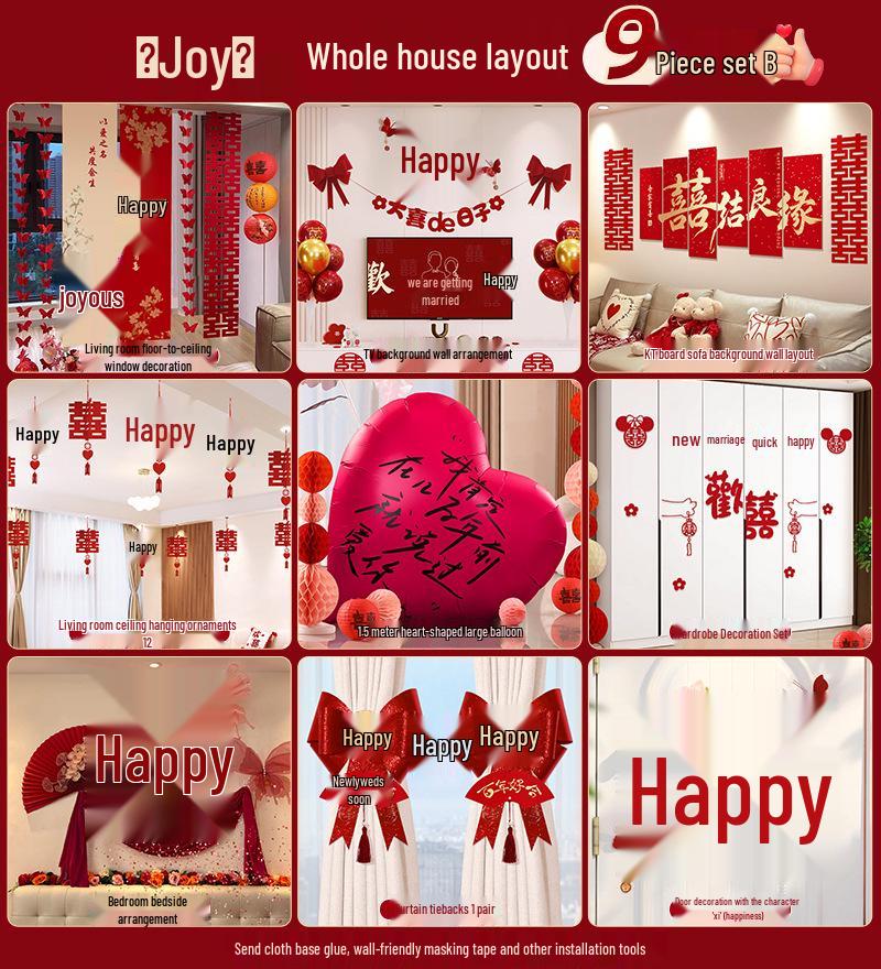 Wedding Decoration Set: Sofa Background, Bedroom Bedside, and Double Happiness Board for Groom's New House