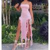 Women Strapless Sexy Floral Fold Hemline High Slit Mini Dress Solid Backless Sleeveless Black And Pink Party Dress Vestidos