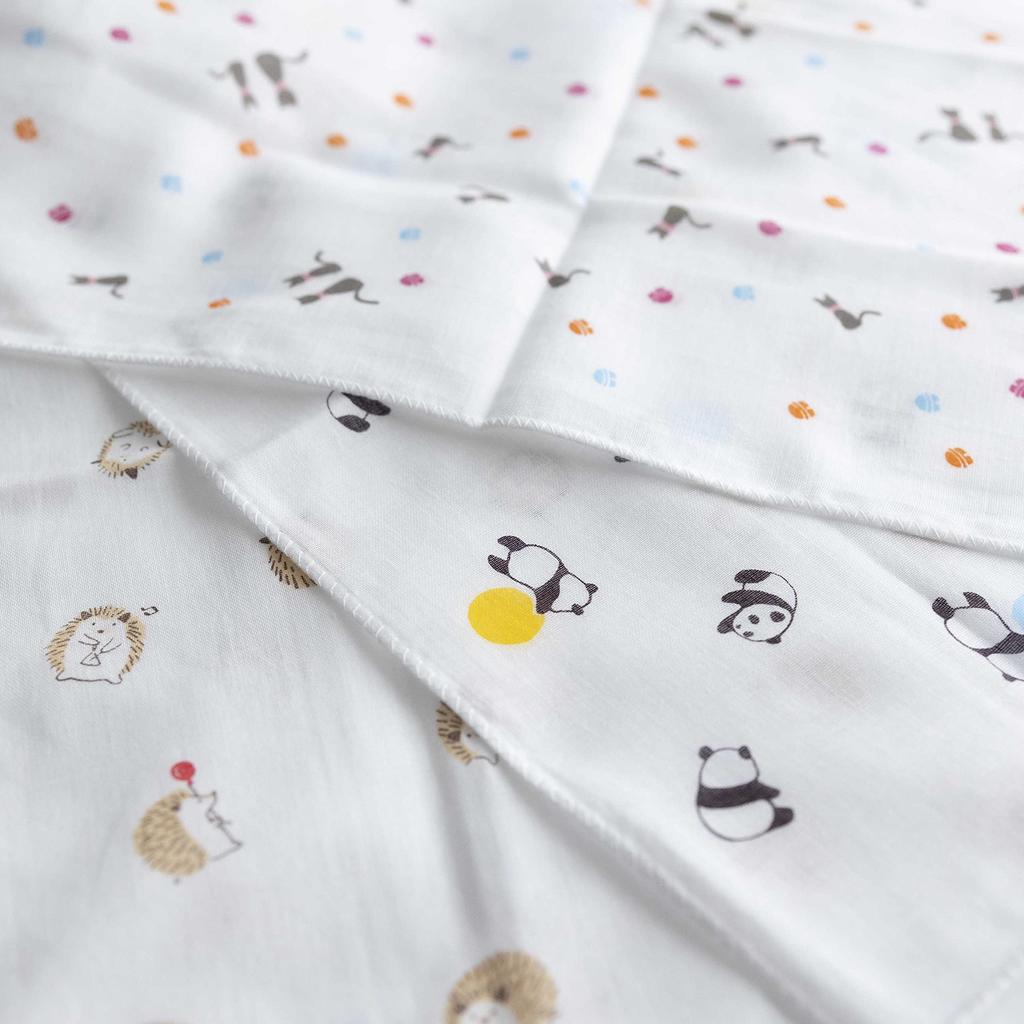 Made in Japan Gauze Tenugui Hand Towels, Soft to the Touch, 100% Cotton, Approx. 35cm x 90cm (Set of 3, A. Hedgehog, Panda, Cat)