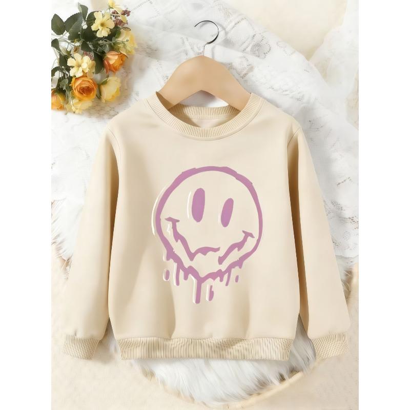 Unisex Kids Crewneck Sweatshirt, Pink Drip Melting Smiley Face Print Pullover, Boys Girls Streetwear Casual Sweatshirt For Kids Over 4 Years Old