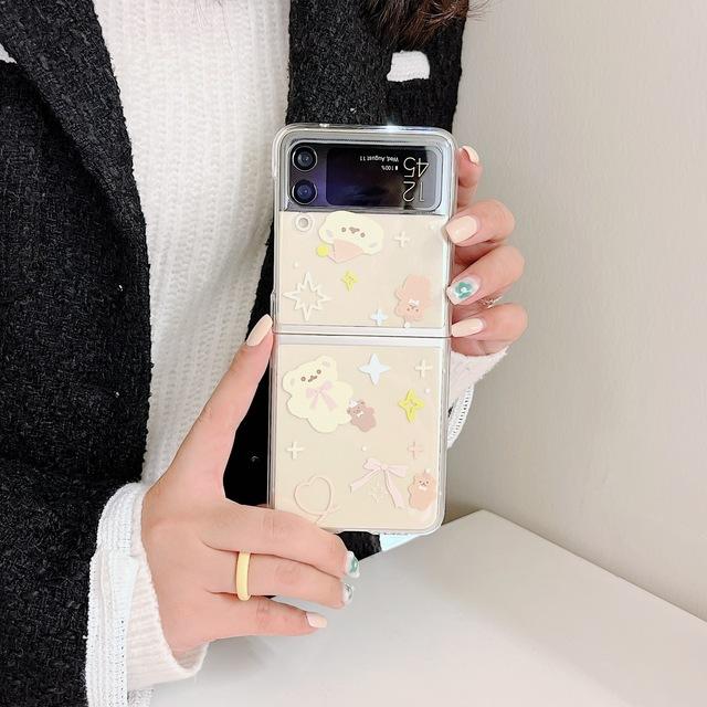 

Для Samsung Galaxy Z Flip 3 чехол с корейским узором клубничного кролика для Samsung Z Flip 4 Flip4 милый медведь Делюкс жесткий ПК прозрачный чехол Samsung Z Flip 3