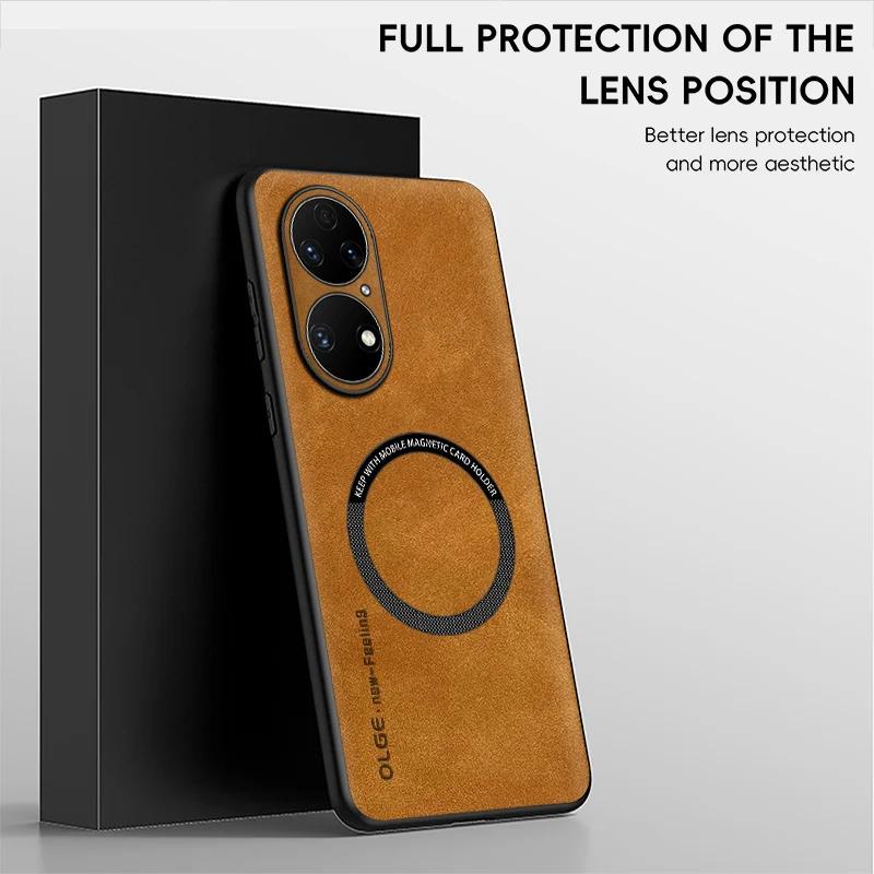 For Huawei P50 P50 Pro P50 E Fine Hole Sheepskin Magnetic TPU Soft Edge Anti-Drop Anti Fingerprint Phone Case