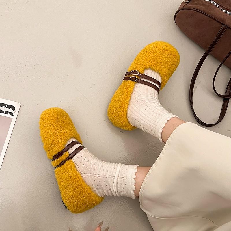 Fashion Autumn Winter Women Fur Flats Shoes Concise Comfort Street Style Soft Sole Female Dress Short Plush Mary Jane Shoes