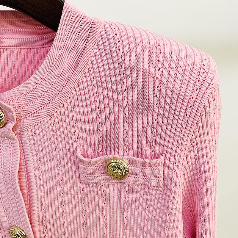 High Street Fashion Spring 2026 Pink Slim Fit Knit Cardigan with Lion Buttons