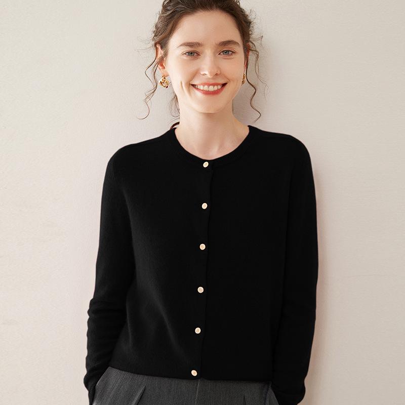 Women's Round Neck Cashmere Knit Cardigan - Long Sleeve, Loose Fit, Fashionable Outerwear for Autumn/Winter