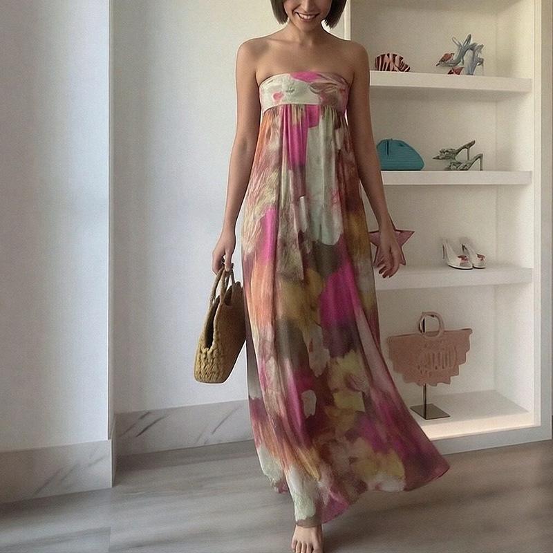 Spring new women s clothing, Europe, America, fashion vacation style print tube top backless dress S