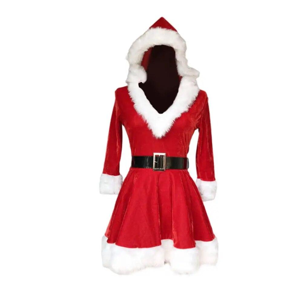 Neujahrs-Weihnachtskleid für Damen, Samt, Weihnachtsmann-Kostüm, sexy Kostüm, mittellange Ärmel, Plüsch-Party-Kapuzenkleider mit Gürtel