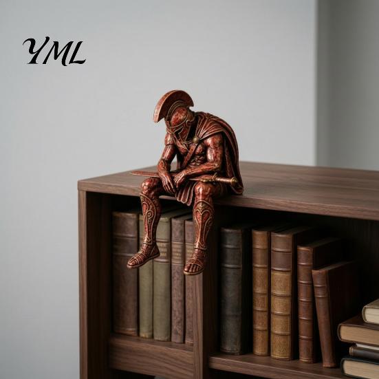 Ancient Warrior Statues Greek Shelf Sitter Statue, Sitting Soldier Figurine with Home Cabinet Decor Helmet, Historical Desktop Ornament for Bookshelf