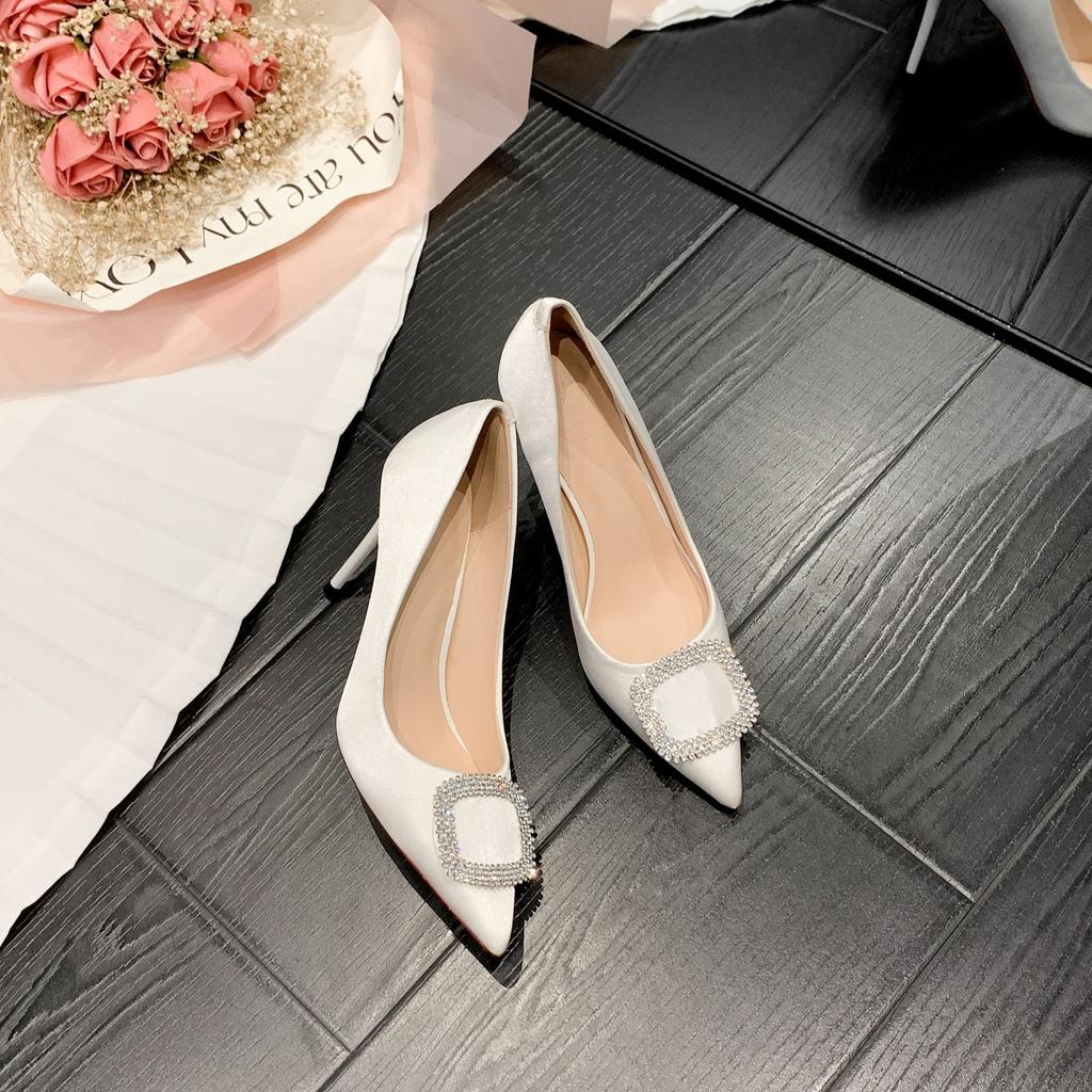 White High Heels Women's Autumn New Pointed Rhinestone Buckle Satin Stiletto Light Mouth Stiletto Single Shoes