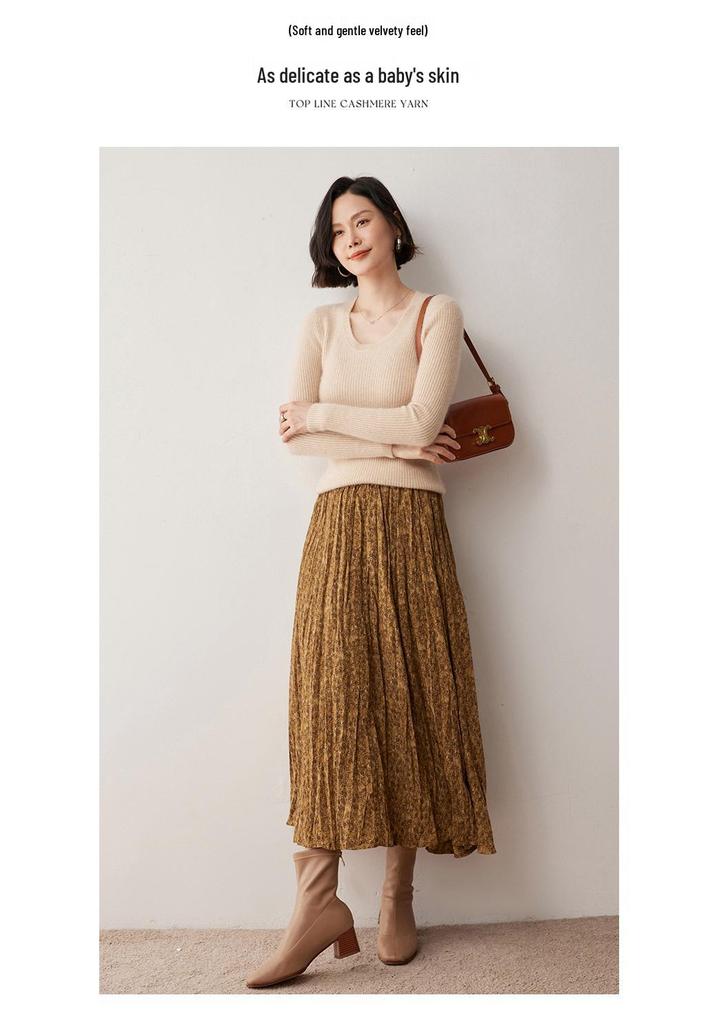 Women's U-neck Slim Fit Cashmere Sweater - Ribbed, Solid Color, Elegant & Versatile Wool Base Layer.