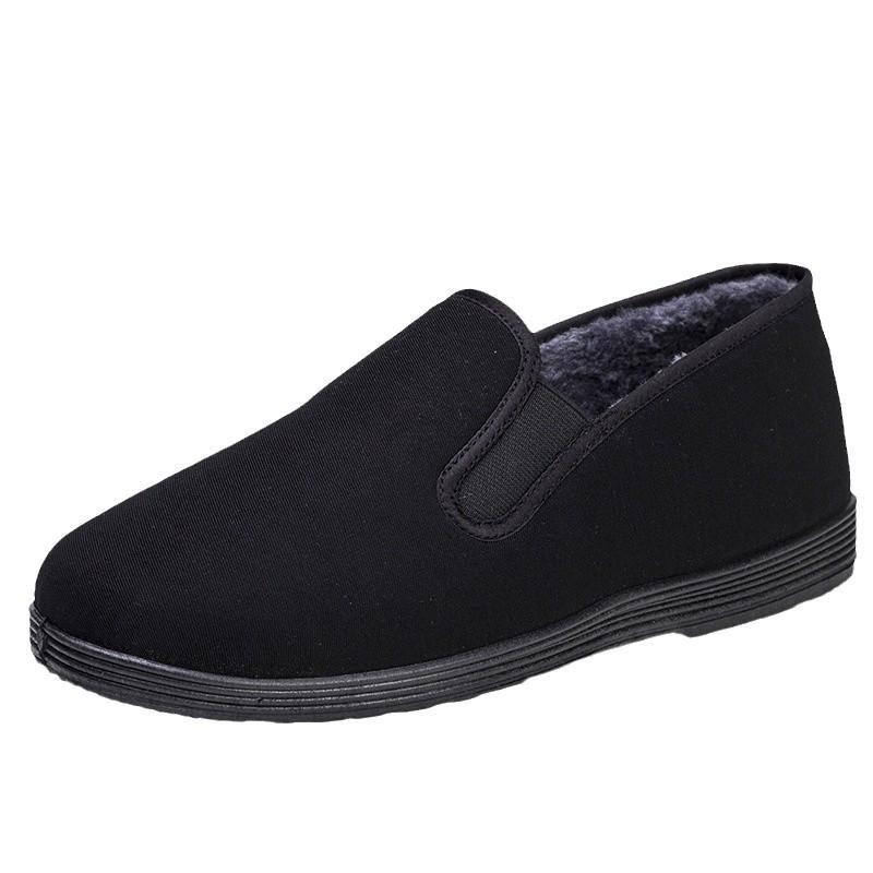 Winter Men's Thickened Velvet-Lined Breathable Cotton Cloth Shoes - Black Sole