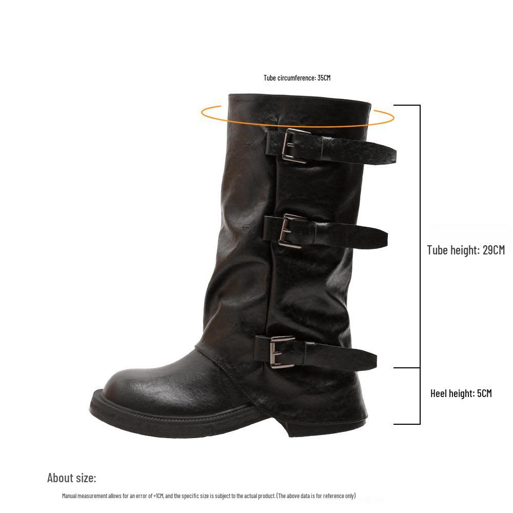 8cm Hidden Heel Women's Mid-Calf Boots - 2025 Autumn/Winter Collection, Thick Sole with Buckle & Wrinkled Design.