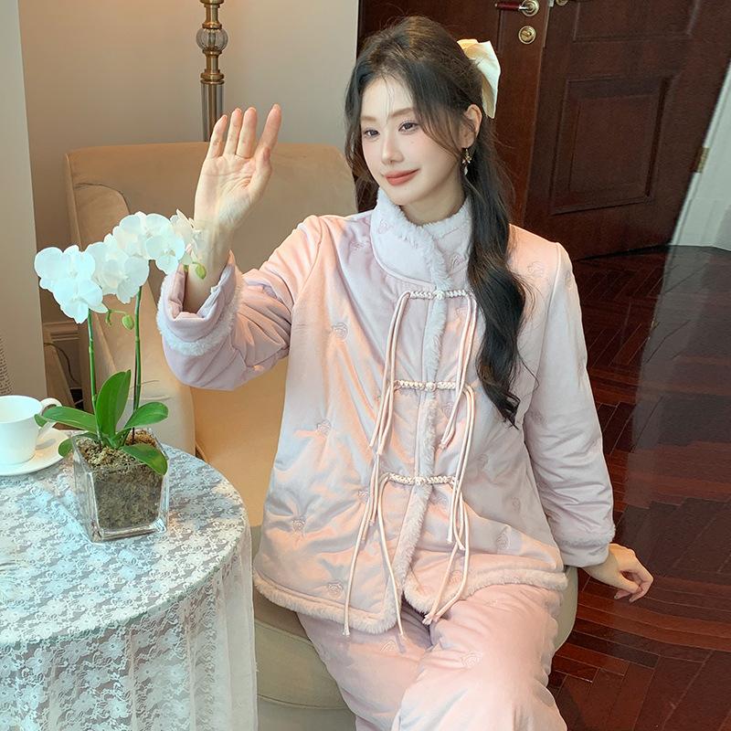 

Женские пижамы на осень и зиму, новый китайский комплект с воротником-стойкой, три слоя хлопка и кашемира, толстая домашняя одежда, которую можно носить зимой на улице XL