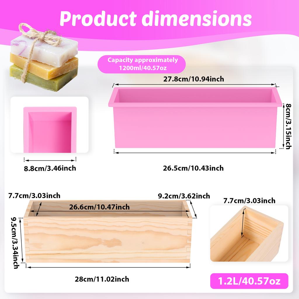 2Pcs 40oz Silicone Soap Mold with Wood Box Rectangular Homemade Soap Bath Bombs Mold Easy to Demold for Enthusiast and Beginner