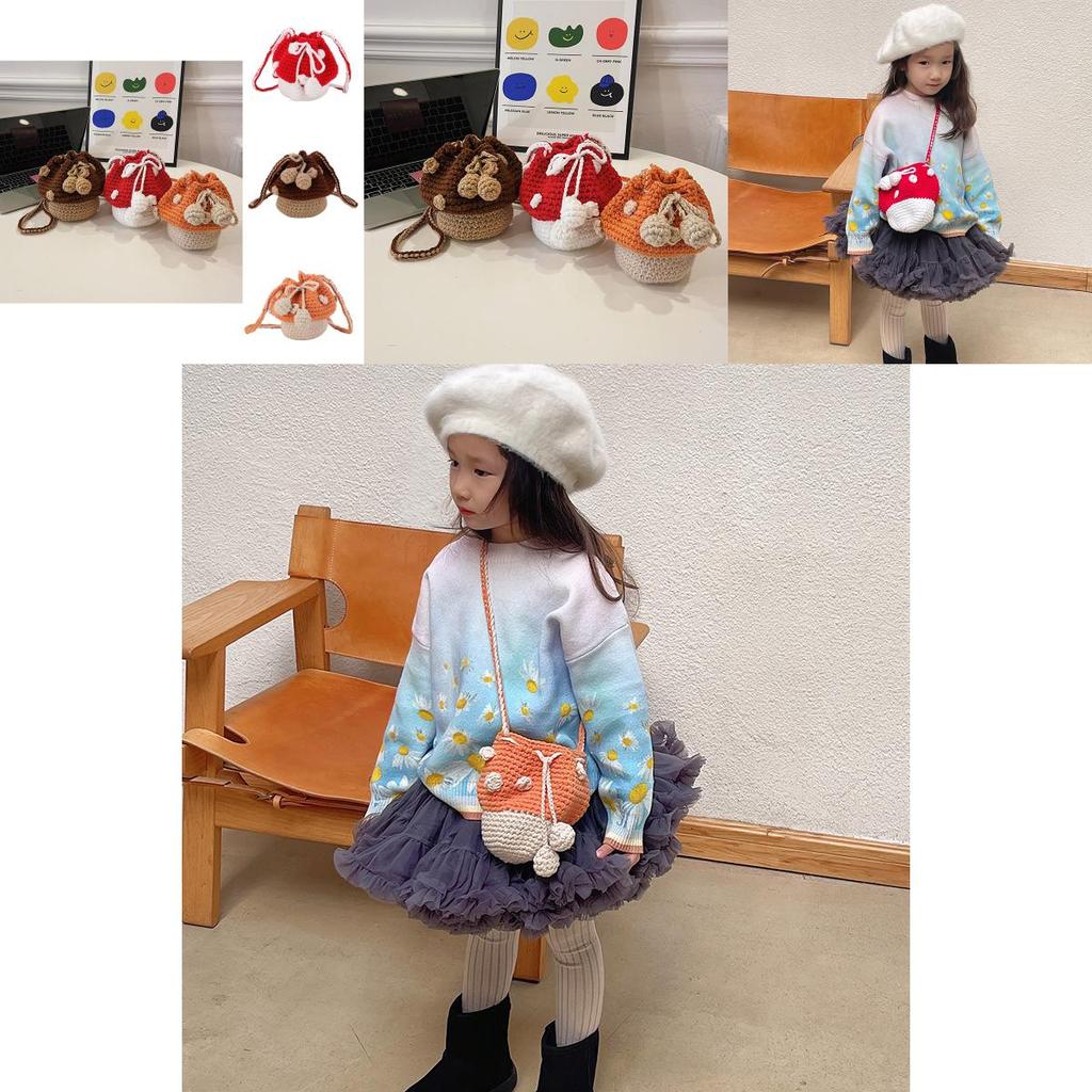 Adorable Fashionable Mushroom Knit Crochet Bag For Kids In Orange Red And Brown Colors