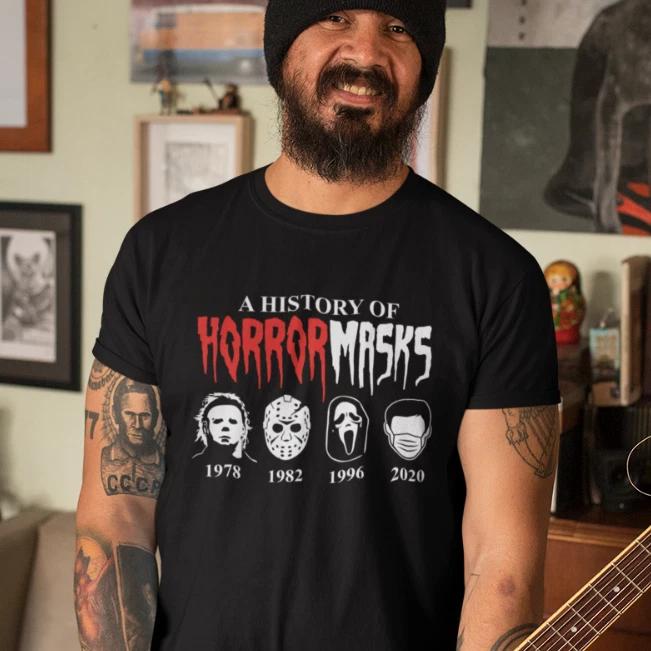 Men s and Women s T-shirts A History Of Horror Masks Jason Halloween Crown Funny Motto Fun L