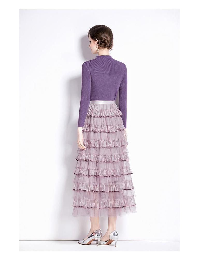 Women's Long-Sleeve Knitted Patchwork Dress Set