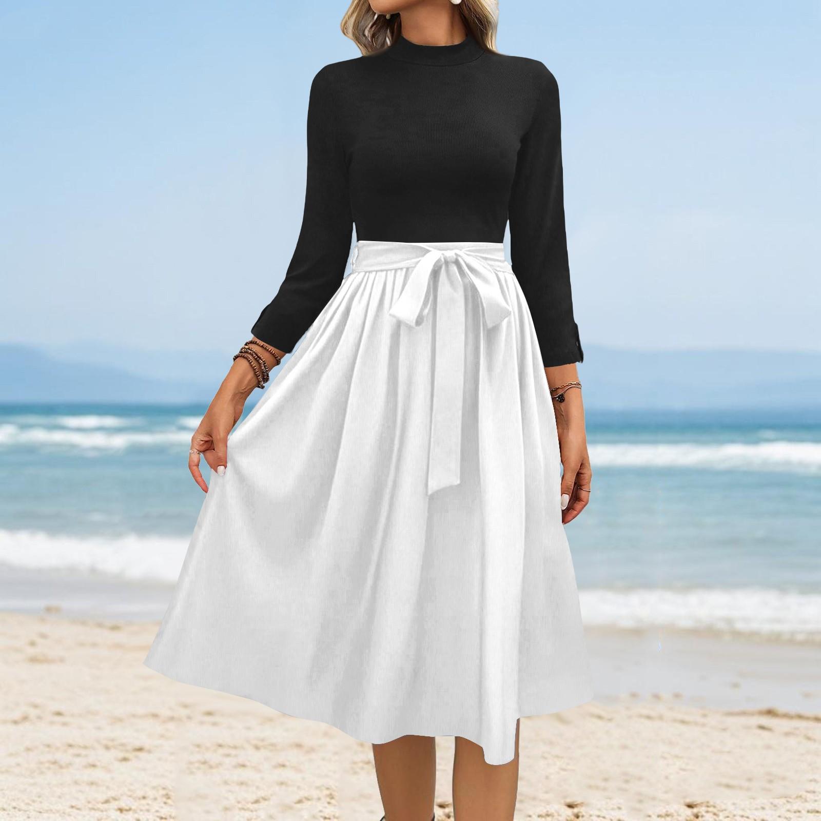 

Женские модные повседневные платья с поясом, рукавом семь восьмых, круглым вырезом, однотонные, с темпераментом XXL белый