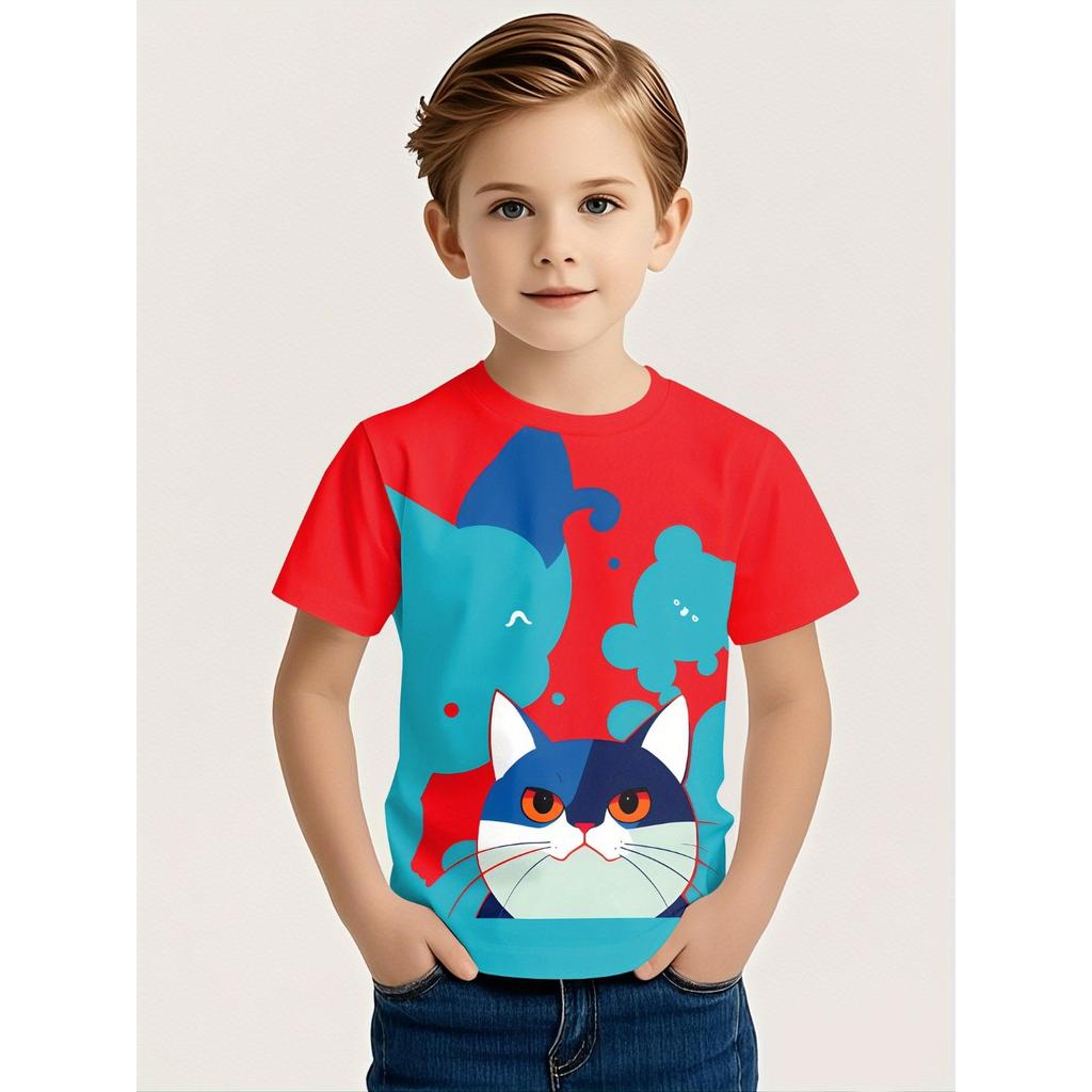Summer Round Neck Cartoon Animal Pattern 3D Printed Top Fashionable Casual Short Sleeved Children's Boy T-shirts