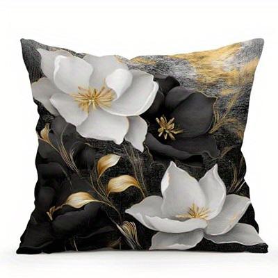 Short Plush Material Pillowcasehome Decor Black & White Flowers With Gold Accents Pillow Covers Pattern Cushion Cover Suitable F