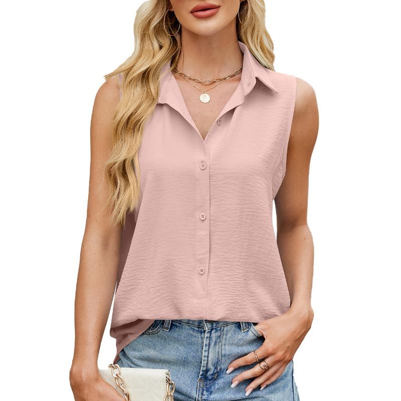 Damen Frühling und Sommer Einfarbig Revers Knopf Weste Chiffon Top