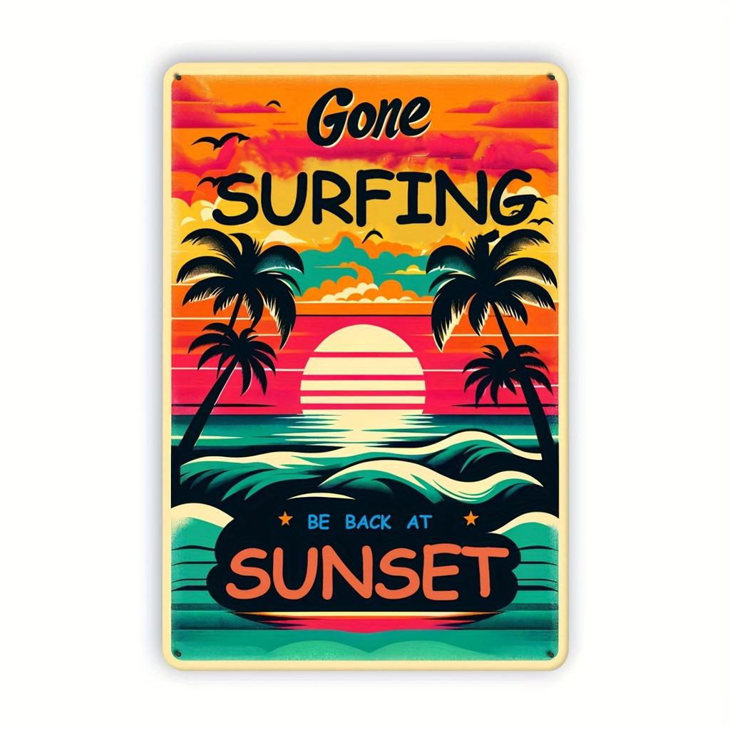 Vintage Surfing Sunset Metal Tin Sign Retro Beach Wall Art with Vibrant Sunset Trees Fun Summer Home Decor for Indoor or