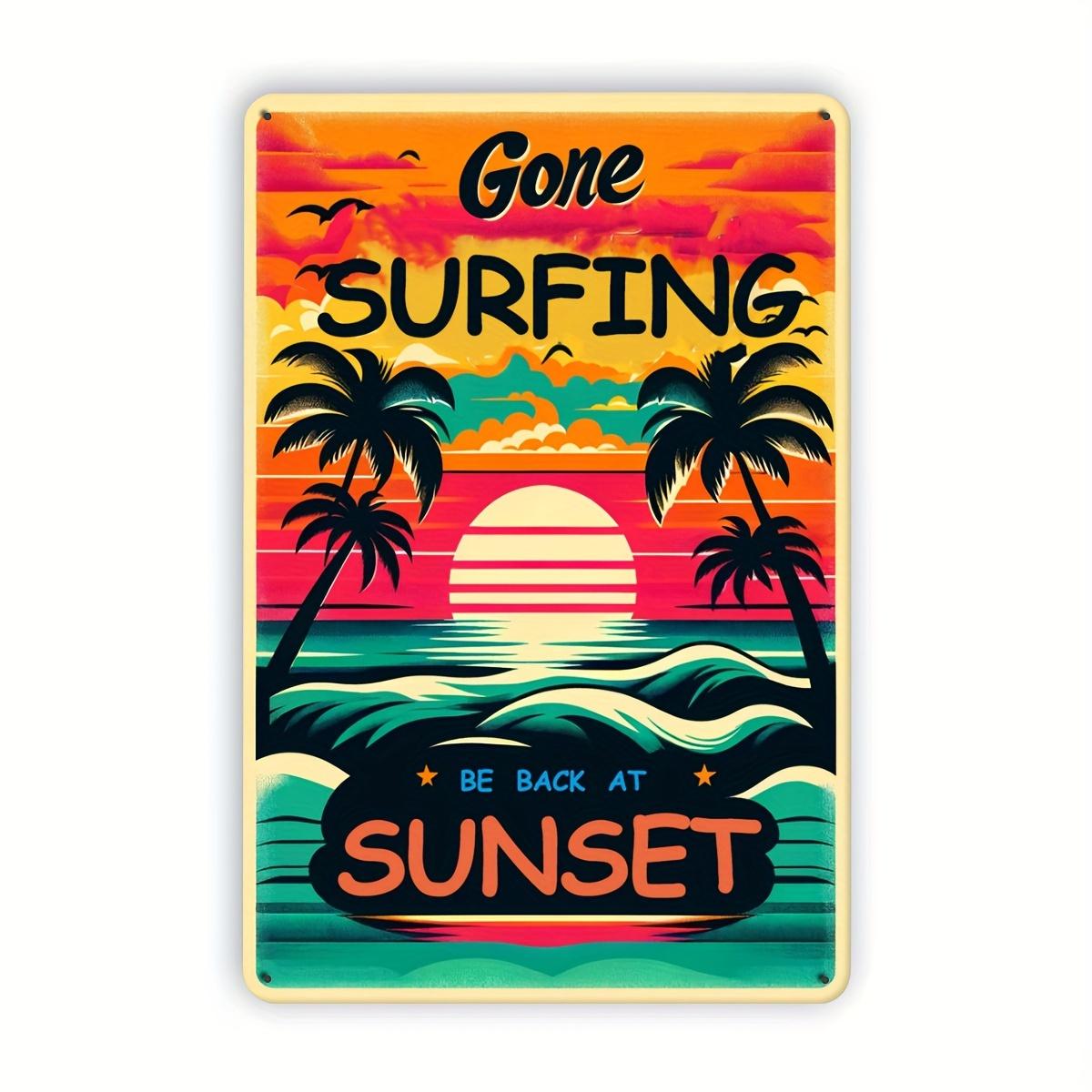 Vintage Surfing Sunset Metal Tin Sign    Retro Beach Wall Art with Vibrant Sunset  Trees Fun Summer Home Decor for Indoor or 20x30cm（7.8x11.8inch）