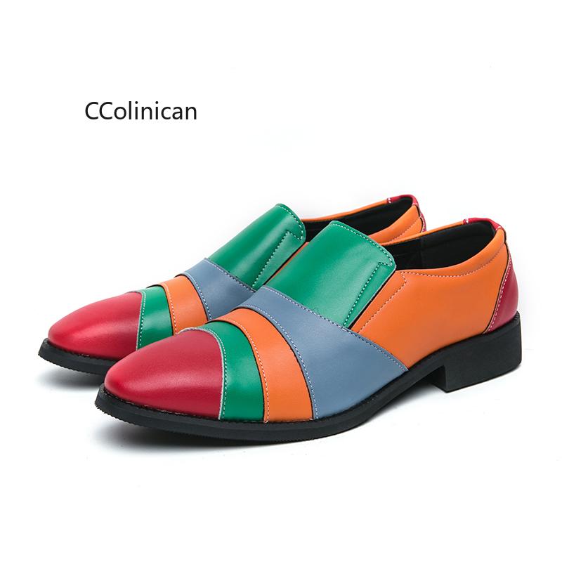 Hot Street Fashion Men Designer Pointed Patent Leather Shoes Mix Color Patchwork Loafers Wedding Male Office Dress Casual
