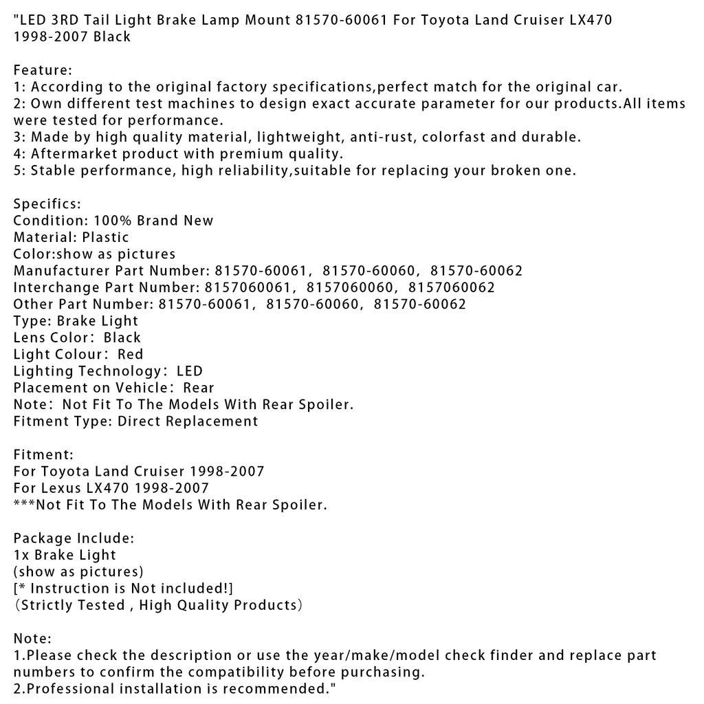 LED 3RD Tail Light Brake Lamp For Toyota Land Cruiser LX470 1998-2007 Black