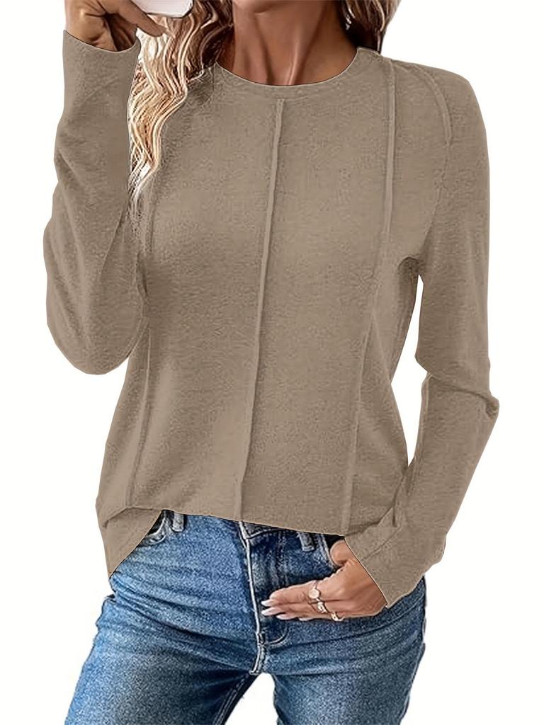 2025 Women's Casual Long Sleeve Pleated Knit Top - Round Neck, Solid Color