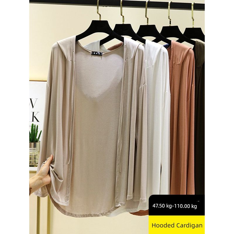 Long Sleeves Modal Hooded Cardigan Women's Thin Loose Outer Wear Sun Protection Top Plus Size Loose Pure Color Casual Outwear