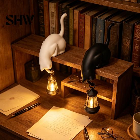 Verspielte Haushaltsorganisationswerkzeuge 3D-gedruckter Katzen-Regal-Sitzer mit Laterne, Skurrile Figuren-Haken für Wanddekoration im Handarbeitsstil Schlüssel, Dekorativ