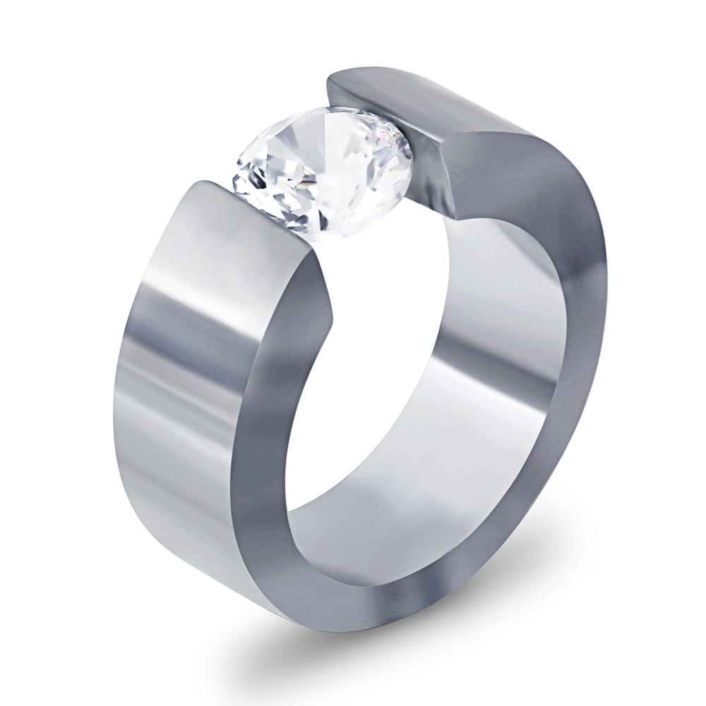 8MM Fashionable Stainless Steel Ring with Inlaid Diamond - Versatile Design for Women Size 7