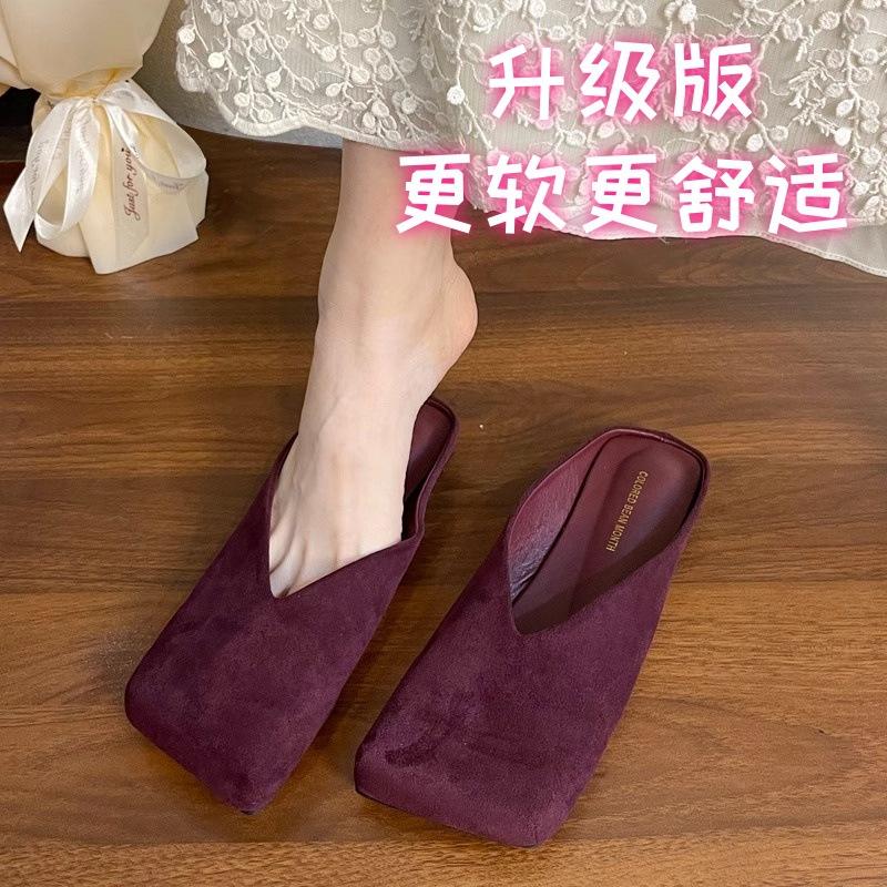 Baotou half slippers women's outer wear 2025 spring and summer new niche square head velvet casual versatile soft-soled Muller shoes