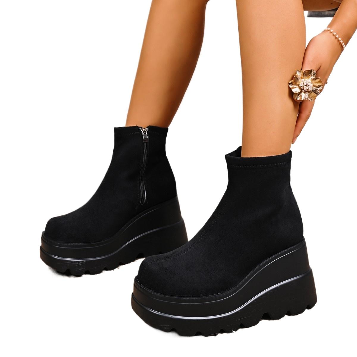 

Модные осенне-зимние ботинки на высокой платформе женские из эластичной ткани на танкетке ботильоны женские панк-стиль для вечеринки готическая обувь женская большой размер 43 35 чёрный