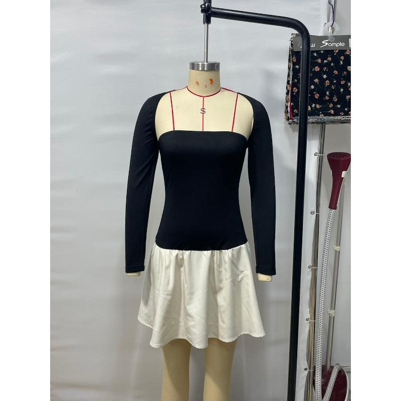 Elegant Fashion Square Collar Splicing A Line Short Dress New Long Sleeve Slim Fit Sexy Party Dress Women Vintage Party Club Sweet Dresses 2683