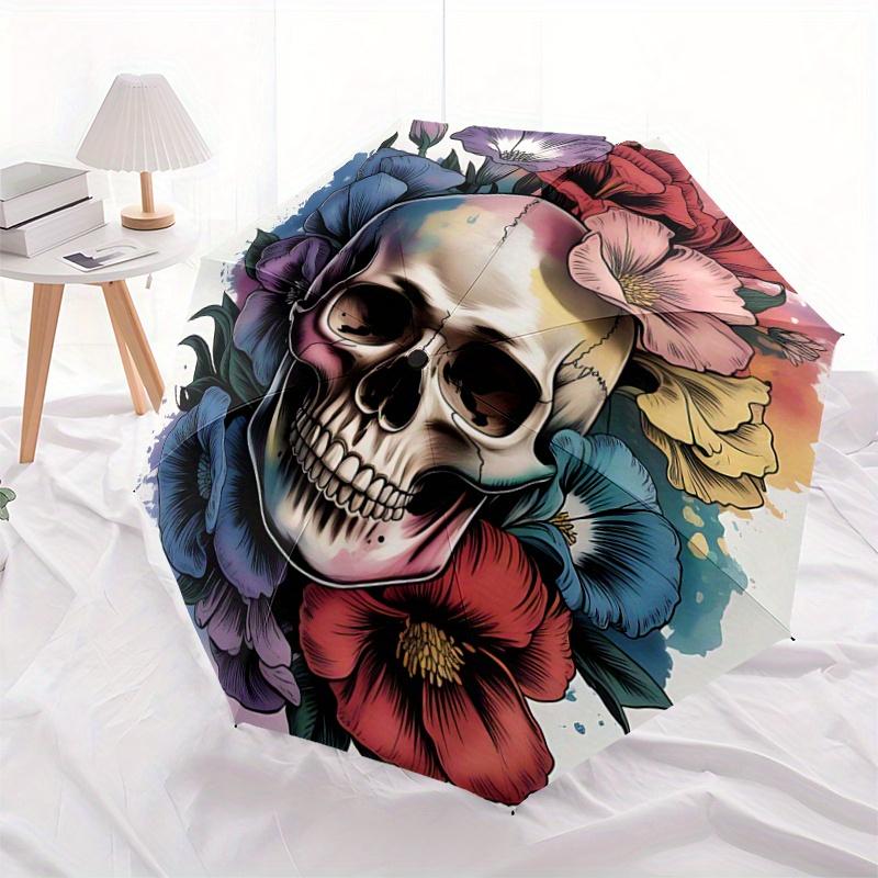 

1pc Day of the Dead Skull & Flowers Artwork Automatic Opening and Closing Folding - A Good Choice for Gifts, Fashionable and Convenient Umbrella