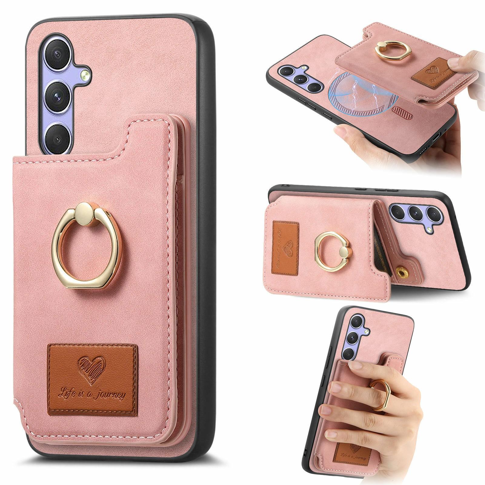 

For Samsung Galaxy A36 5G Case Detachable Card Holder Kickstand Leather+TPU+PC Phone Cover Pink