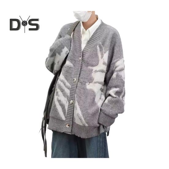 Men Cardigan Sweater Retro American Style V Neck Loose Single-breasted Contrast Color Knitted Sweater Coat Hip Hop Style Streetwear Jacket