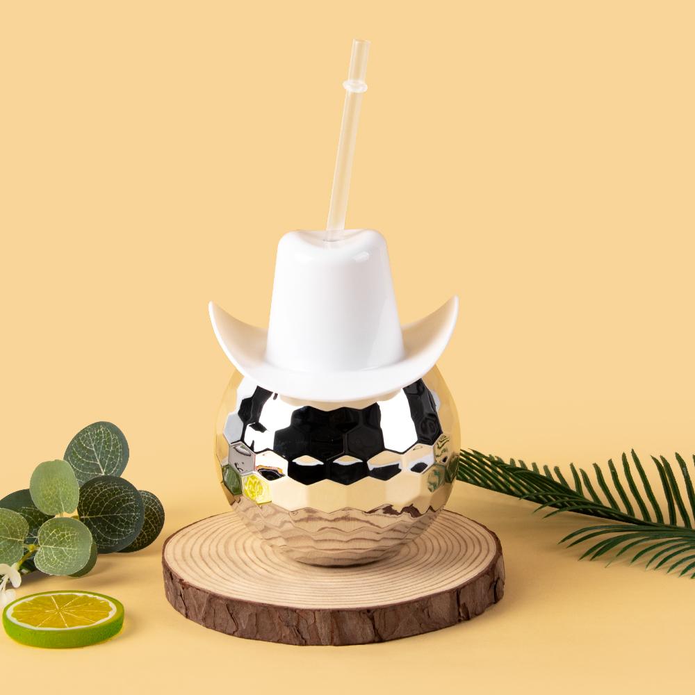 Mirror Disco Ball Cup White Pink Cowgirl Hat Cups with Straw 70s Disco Cowboy Bachelorette Party Favors Western Themed Supplies