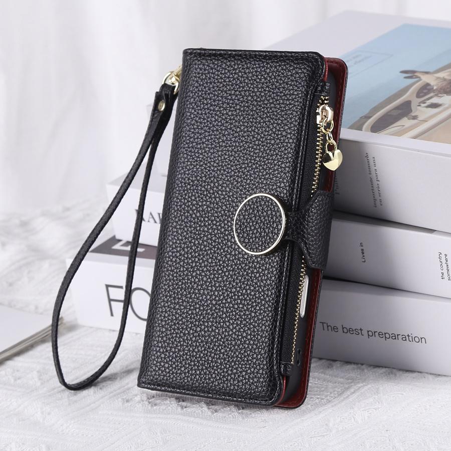 

Для iPhone Lychee Texture PU кожаный кошелек чехол для телефона с 3 отделениями для карт + боковой карман на молнии + отделение для наличных со съемным шнурком многофункциональные чехлы для телефонов iPhone 16E