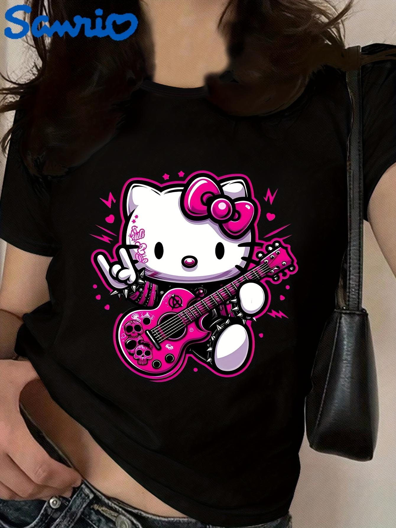 

Miniso Sanrio Hello Kitty Electric Guitar Printed Womens TShirt Casual Short Sleeve SpringSummer Fashion Pattern Y2K Top S