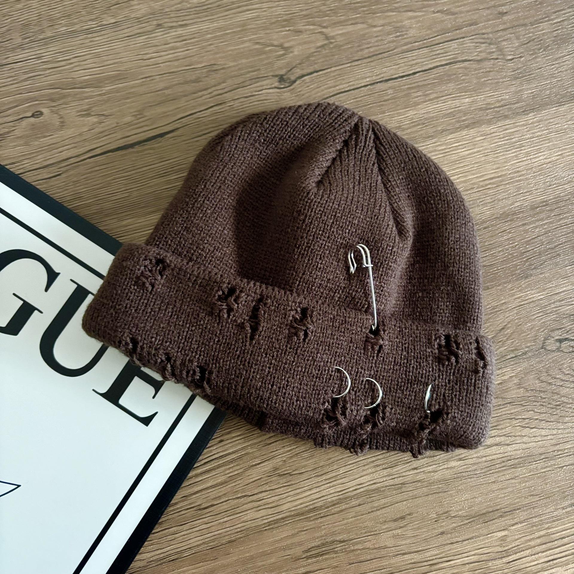 

Модний кільцевий значок хіп-хоп вовняна шапка осінь/зима парна інтернет-знаменитість модна рвана шапка чоловіча та жіноча в язана шапка M（56-58cm） темно-коричневого кольору