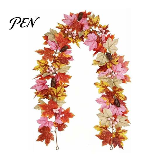 Realistic Orange Red Maple Leaves Artificial Fall Leaf Wreath, Autumn Vine with Pine Cones Pumpkins, Reusable Holiday Gifts for Family Hanging