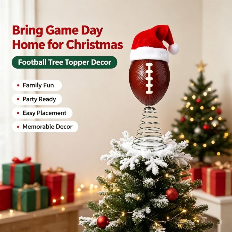 Holiday Football Tree Ornament with Spring Coil Form, Christmas Top Piece for Sports Party Spaces, Seasonal Shelf Styling, Branch Display