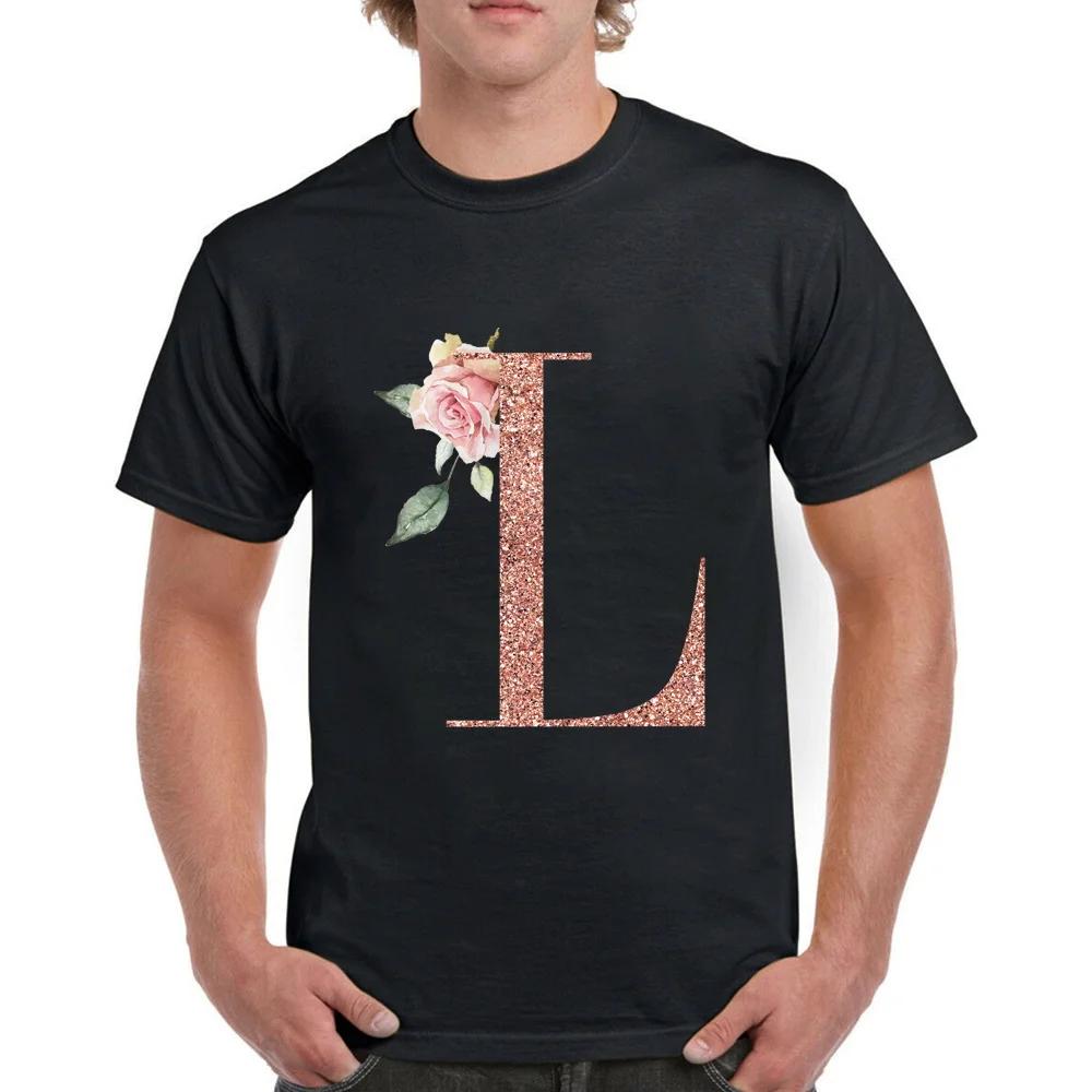 Fashion Men's Black T-shirt Rose Gold Letter Name Print Pattern Casual Street Casual Sports Round Neck Top Men's Clothing