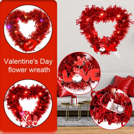 Prelit Valentine's Day Heart Shaped Wreath with String Light Red Tinsel Wreath with Foil Hearts for Wedding Anniversary Front Door Wall Decor