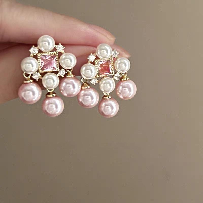 Super fairy pink flower love fringed earrings versatile temperament earrings light luxury earrings women