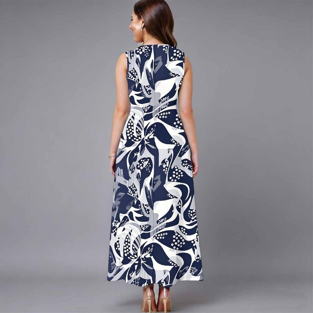 Robe Sans Manches Col Rond Grande Taille pour Femme Vert Frais Feuille Florale Coupe Ample Mi-Mollet