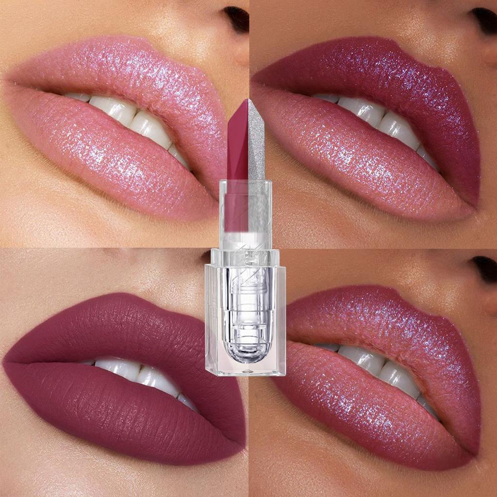 Dual-Color Velvet Matte Lipstick - Long-Lasting Waterproof Lip Mud In Iridescent Frost & Deep Plum Shades